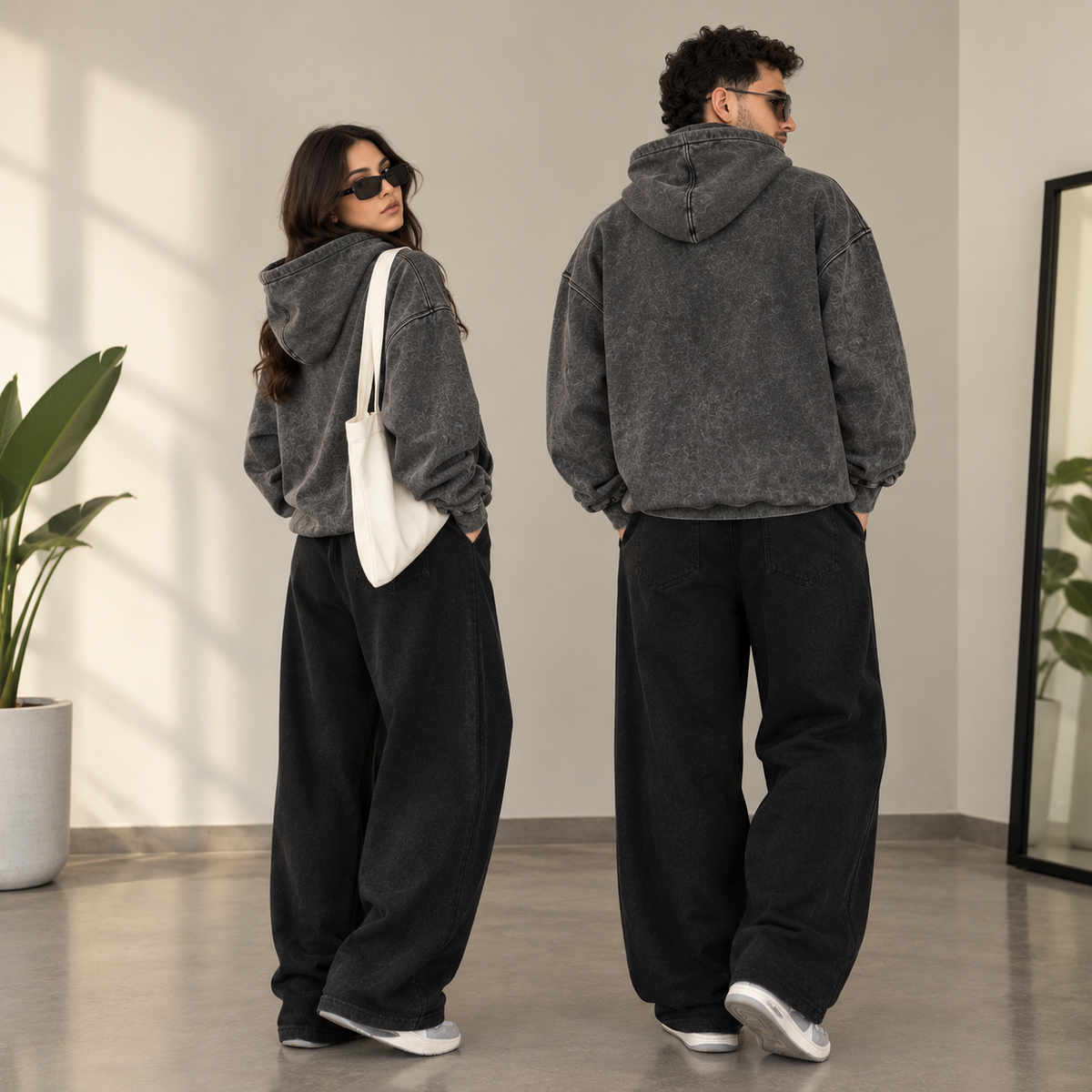 WEAVES Unisex Acid Wash Oversized Hoodie – VintaWomenge Charcoal Streetwear for Men & Women